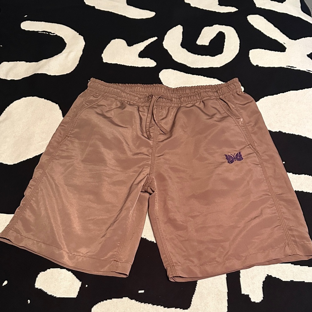 Needles Brown Athletic Shorts with Purple Logo